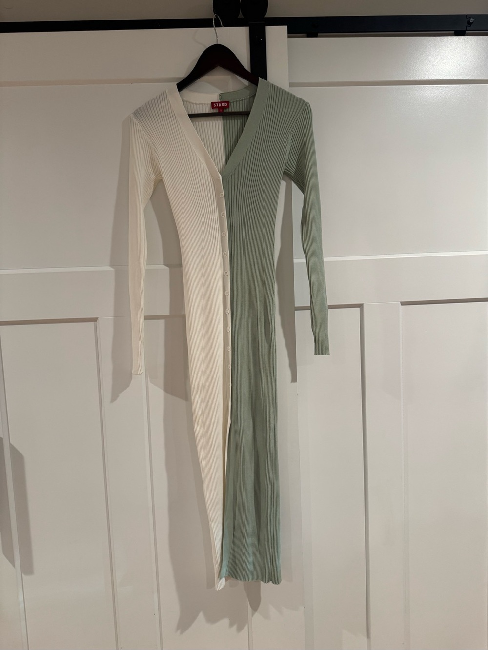 STAUD Two-Tone Ribbed Button-Front Maxi Dress in Cream & Sage